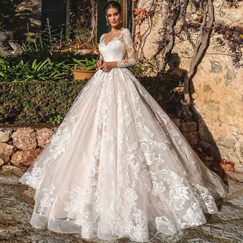 Роскошное Бальное платье Vestidos De Novia С Аппликацией Vestido De Noiva, Свадебное платье с длинным рукавом, 2023, Кружевное Свадебное платье