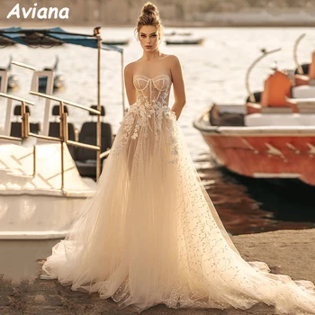 Роскошные пляжные свадебные платья Aviana без бретелек трапециевидной формы С 3D кружевными цветочными аппликациями, длинное свадебное платье в стиле бохо с открытой спиной