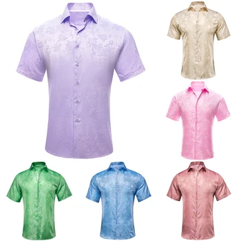 Светлые мужские рубашки с короткими рукавами, Шелковая весенне-летняя рубашка, мужская свадебная деловая Белая, Розовая, лососевая, сиреневая, желтая, синяя
