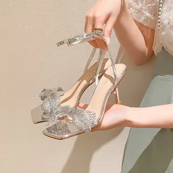 Серебристые Босоножки на шпильке с бабочкой и узлом, женские туфли-лодочки на высоком каблуке с квадратным носком, шикарные вечерние или свадебные туфли