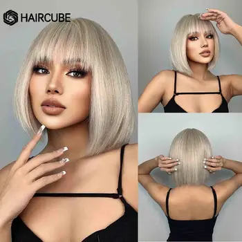 Синтетические парики HAIRCUBE Platinum Blonde, короткие прямые парики-боб для женщин, парики из натуральных волос с челкой, Повседневные парики из волокна Лолиты