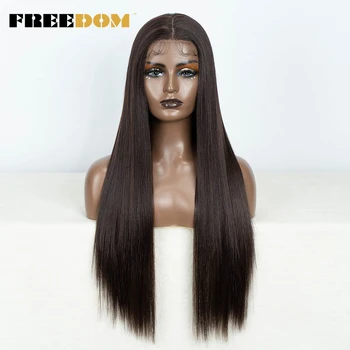 Синтетические парики на кружеве FREEDOM для чернокожих женщин Длиной 32 дюйма, прямые парики на кружеве 13x4, Омбре, Коричневые парики для косплея