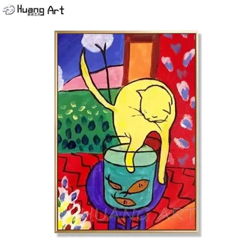 Современная кошка, играющая с рыбкой, ручная роспись, картина для декора стен, Репродукция картины Генри Матисса маслом на холсте, животные