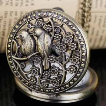 Старинные бронзовые кварцевые карманные часы с изящной резьбой в виде полой птицы, ожерелье, мужские и женские часы-брелки с цепочкой, подарок