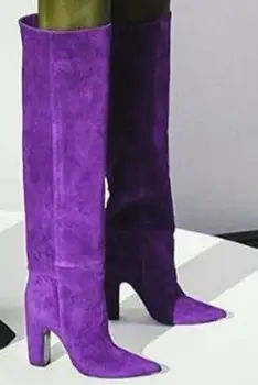 Фиолетово-сине-коричневые замшевые сапоги до колена на квадратном каблуке 80 мм, без застежки, женские Фиолетовые ботфорты с острым носком и трубкой, женские ботинки