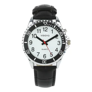 Французские часы с говорящей датой и временем, черный кожаный ремешок TFBW-1501