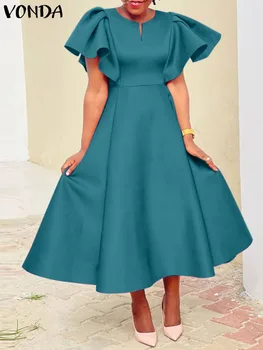 Элегантное платье для свадебной вечеринки 2023, Летний женский сарафан Миди из атласа с оборками, VONDA, повседневный однотонный халат с V-образным вырезом