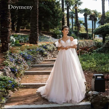 Элегантное свадебное платье Doymeny Трапециевидной формы на тонких бретельках, V-образный вырез, короткий рукав, аппликации, Тюлевый Придворный шлейф, Robe De Mariee