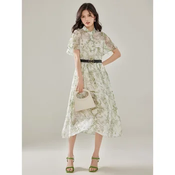 Элегантное шелковое платье с небольшим воротником-стойкой из смесового шелка для женщин, Летняя Новая юбка с высокой талией для похудения в цветочек