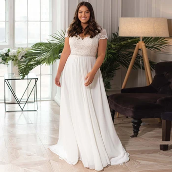 Элегантное шифоновое свадебное платье Больших размеров с V-образным вырезом и короткими рукавами, расшитое бисером, Свадебное платье на шнуровке сзади