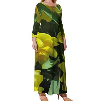 Ярко-Желтое платье в цветочек, Женское Винтажное платье Макси с принтом нарциссов, Уличная Одежда, Пляжные Длинные платья в стиле Бохо, Одежда Больших Размеров 5XL